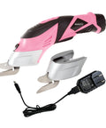 Handle Every Project Task Without Breaking A Sweat With These Cordless Electric Scissors designed to slice through fabric and cardboard featuring dual swappable blades and an ergonomic grip in pink.
