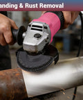 Person using 14 Piece Wood Carving Disc Set For Four Inch And Four And A Half Inch Angle Grinders With Seven Eighths To Five Eighths Inch Arbor.