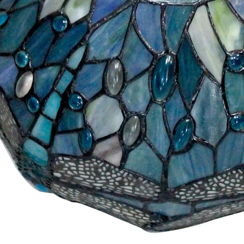 Close-up of Sea Blue Dragonfly Tiffany Lamp Shade Replacement 12x6 Inch Stained Glass with intricate patterns and details.