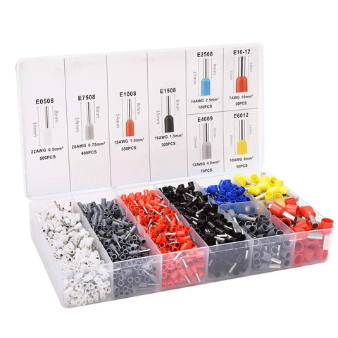 All In One Ferrule Crimping Pliers Kit with 1800 insulated terminals and connectors, color-coded assortments in a plastic case.