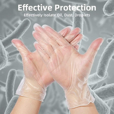 Top Shelf Disposable Clear Vinyl Exam Gloves Medical Grade Xl 100 Count Pack Latex Free Powder Free Heavy Duty Safety Gear with hands wearing gloves.