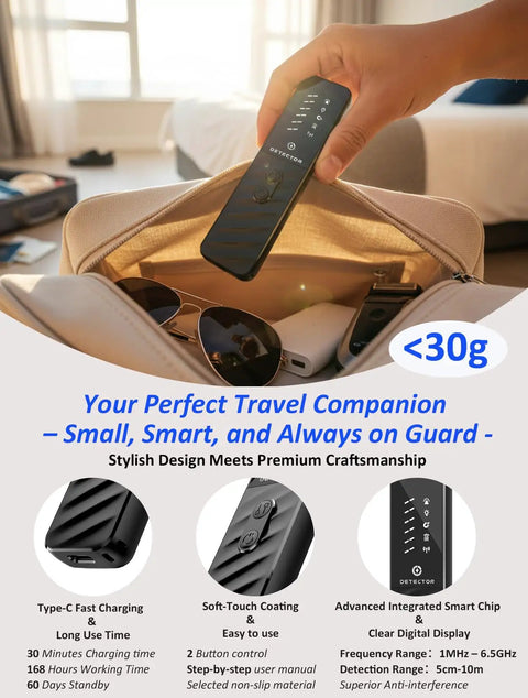 Privacy Pen Hidden Camera Detector With 4 In 1 Spy Camera Finder GPS Tracker Detector Anti Theft Alarm 6 Level Sensitivity 168 Hour Battery Life For Travel Hotel Home Car Office in hand, 30g compact black design