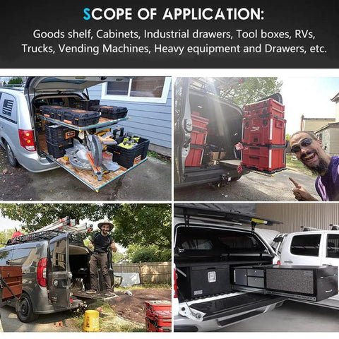 Heavy Duty Three Section Full Extension Drawer Slides Featuring Secure Locking Design And Smooth Ball Bearing Action That Rolls Like Butter While Handling Heavy Loads Without Breaking A Sweat For Eighty Inch Furniture Projects One Pair used in vehicles for tool organization.