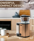 Premium Electric Flat Burr Coffee Grinder Featuring Adjustable Burrs And An Upgraded Quiet Motor For Legit Home Brewers with copper hopper.