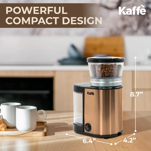 Premium Electric Flat Burr Coffee Grinder Featuring Adjustable Burrs And An Upgraded Quiet Motor For Legit Home Brewers with copper hopper.