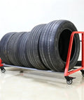 Heavy Duty Tire Storage Rack And Rim Organizer Shelf With Locking Casters Solid Steel Frame holding four tires, compact and mobile.
