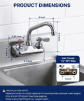 Lead-Free 4 Inch Wall Mount Commercial Sink Faucet with 6" Swivel Spout showing product dimensions and installation instructions.