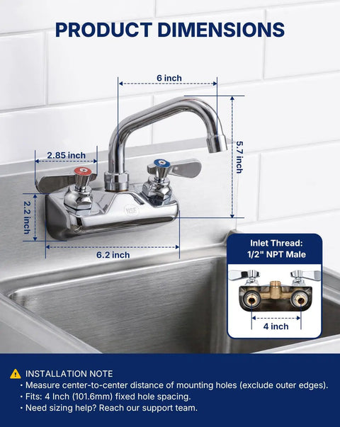 Lead-Free 4 Inch Wall Mount Commercial Sink Faucet with 6" Swivel Spout showing product dimensions and installation instructions.