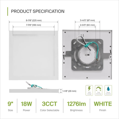 Lit 9 Inch LED Square Flush Mount Ceiling Light 18W 1270 Lumens 3CCT Dimmable Ultra Slim ETL Listed White Surface Lamp dimensions