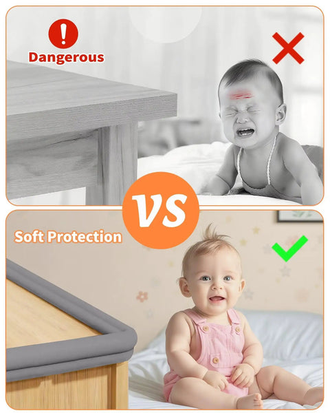 Gotta Keep The Kiddos Safe With These Rock Solid Baby Proof Edge Protectors Featuring Super Thick Air Cushion Rubber Foam Padding Soft High Density Corner Guards Easy Peel And Stick Furniture Armor Sets, showing before and after safety transformation.