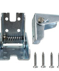 Heavy Duty Folding Hinge Bracket Pair With Self Locking Design And Rock Solid Table Leg Support For Home Shops And Workbenches. Silver steel brackets with mounting screws.