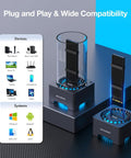 Straight Fire USB4 40Gbps M.2 NVMe SSD Enclosure Docking Station with low noise fan beside compatibility chart.