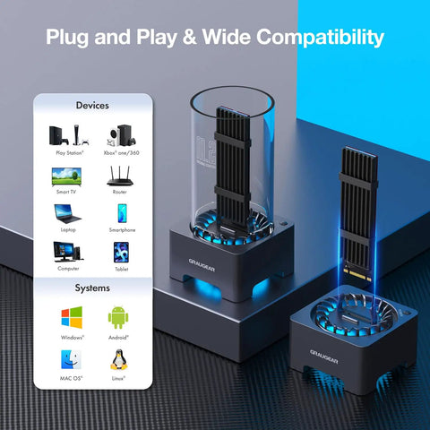 Straight Fire USB4 40Gbps M.2 NVMe SSD Enclosure Docking Station with low noise fan beside compatibility chart.
