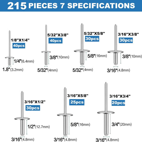 Diagram of 215 Piece Large Flange Aluminum Blind Rivets Assortment Kit With Case One Eighth Five Thirty Seconds And Three Sixteenths Inch Sizes