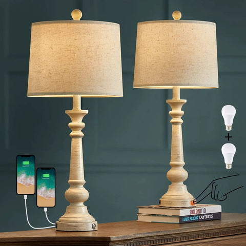Set Of 2 27.75 Inch 3 Way Dimmable Touch Table Lamps With USB Ports Bulb Included Linen Washed Finish Rustic Farmhouse