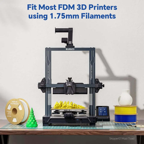 PLA 1.75mm 3D Printer Filament in Black, neatly wound, displayed with 3D printer and printed models, fits most FDM printers.