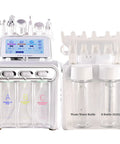 Six In One Hydrogen Oxygen Facial Device For Salon And Home Use With Interchangeable Heads Deep Pore Cleansing Hydration Skin Rejuvenation Anti Aging Pro Grade Spa Quality Tool with control panel and liquid bottles
