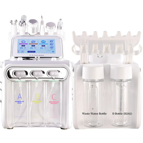 Six In One Hydrogen Oxygen Facial Device For Salon And Home Use With Interchangeable Heads Deep Pore Cleansing Hydration Skin Rejuvenation Anti Aging Pro Grade Spa Quality Tool with control panel and liquid bottles