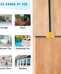 Heavy Duty Floor Squeegee Broom Workhorse With 18 Inch Rubber Blade And 60 Inch Long Handle, shown on wood floor; wide use range