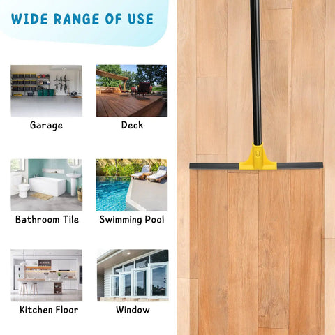 Heavy Duty Floor Squeegee Broom Workhorse With 18 Inch Rubber Blade And 60 Inch Long Handle, shown on wood floor; wide use range