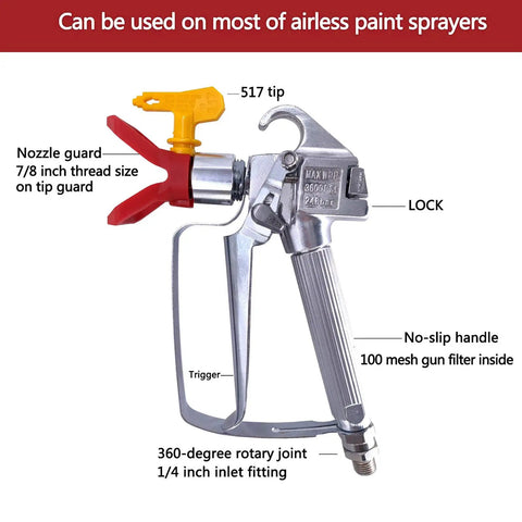 Top Tier Airless Paint Spray Gun Kit With Solid Steel Build, Two Reversible 517 Tips, Heavy Duty Guard, And Spare Filters for precise application.