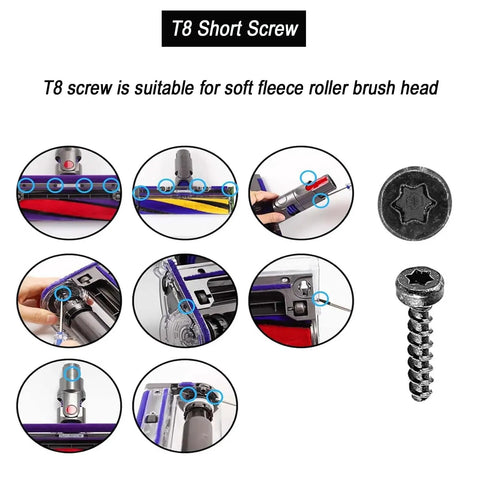 Image showing T8 short screw installation steps for vacuum cleaner with close-up on screw head from 18 Piece Vacuum Screw Kit For V6 V7 V8 V10 V11