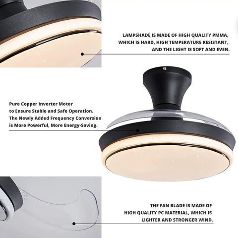 Retractable 40 Inch Black Ceiling Fan With Light And Remote, Low Profile Flush Mount close-up showing lampshade and fan blade materials