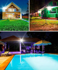 Spot Lighting 30W 1000 Lumens Led Solar Powered Flood Lights with Rf R,, illuminating a modern house, pool area, and cabin at night.