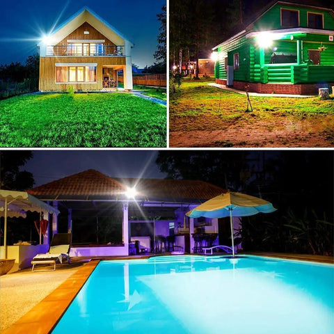 Spot Lighting 30W 1000 Lumens Led Solar Powered Flood Lights with Rf R,, illuminating a modern house, pool area, and cabin at night.