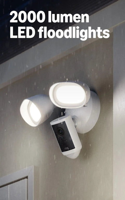 Floodlight Cam Pro Wired Security Camera With Retinal 4K Video Wide Angle View 10x Enhanced Zoom 2000 Lumen Floodlights