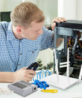 Person using RJ45 Crimp Tool Kit Pass Through Ethernet Crimper For Cat5e Cat6 Cat6a 8P8C Modular Connectors with computer and router.