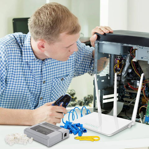 Person using RJ45 Crimp Tool Kit Pass Through Ethernet Crimper For Cat5e Cat6 Cat6a 8P8C Modular Connectors with computer and router.