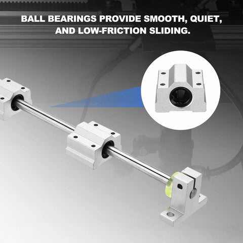 8mm By 350mm Linear Motion Rod Shaft Guide Kit with 2 SC8UU ball bearings and 2 SK8 aluminum rail supports shown in use