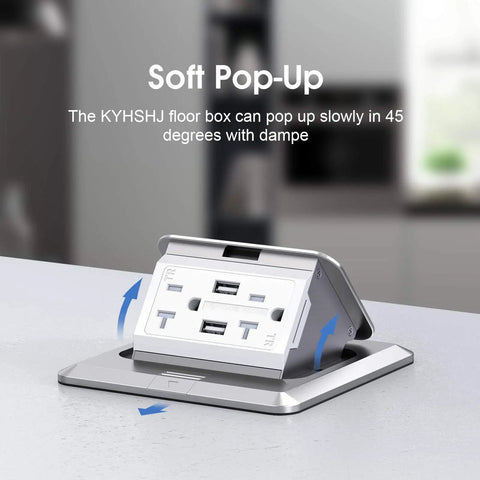 Pop Up Floor Outlet Box With USB Charging, 4.8A Quick Charge, Waterproof Stainless Steel Receptacle, open pop-up design on counter