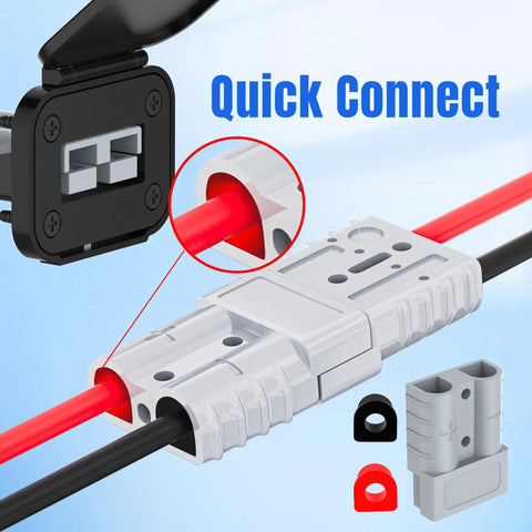 Battery Quick Disconnect Connector Kit With 8 AWG Wire Harness For Anderson Style Connectors, Easy Install Cable Plug For Car Winch, Trailer And Forklift, 600V Max, 50 Amp Capacity, white and black connector close-up