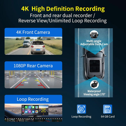 4K HD view of 11.5 Inch Wireless CarPlay Screen with Apple CarPlay, Android Auto, 1080P Backup Camera, Dash Cam, and Navigation features.