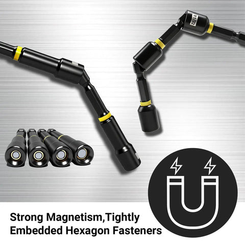 Close-up of 55 Piece Magnetic Impact Nut Driver Set With SAE And Metric Bits showing pivoting nutsetters and magnetism icon.