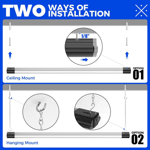 Installation options for 4 Foot LED Shop Lights 84W 10000 Lumens Daylight 5000K Ultra Bright Lit Garage Lighting With Pull Chain On Off Mounting Options Hanging Or Flush ETL Listed 10 Pack