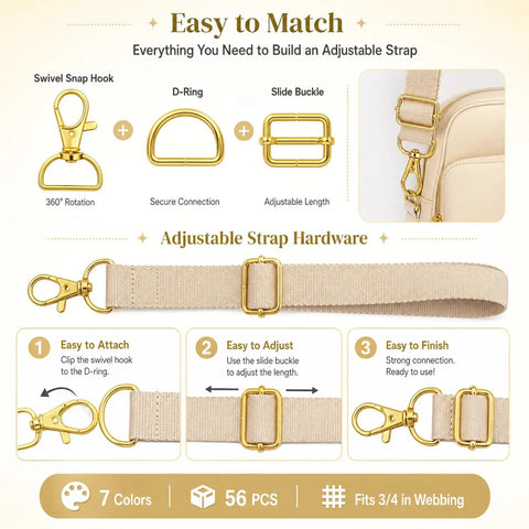 Killer Metal Bag Hardware Kit Featuring Twenty One D Rings Fourteen Swivel Snap Hooks And Twenty One Slide Buckles For Leather Stitching And Purse Making Crafts, including adjustable strap components.
