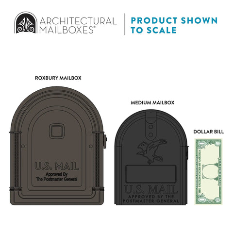 Rugged Post Mounted Mailbox in Rubbed Bronze Built to Last Heavy Duty Steel Construction next to smaller mailbox and dollar bill for scale