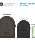 Size comparison of Beefy Heavy Duty Steel Post Mounted Mailbox For Outdoors with medium mailbox and dollar bill for scale.