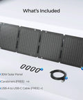 Ultra Light 30W Portable Solar Panel Charger With USB C And USB A Ports shown with included carabiners and USB cable