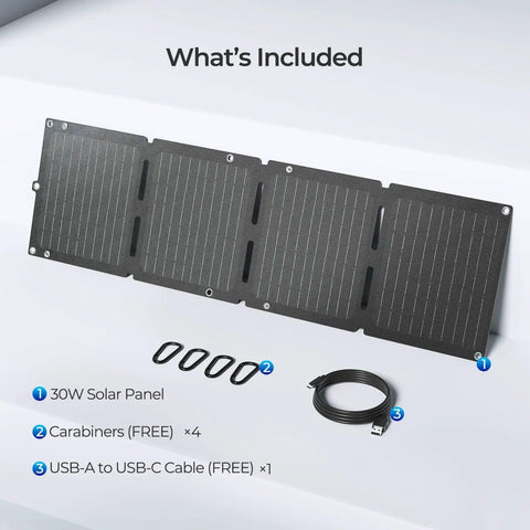 Ultra Light 30W Portable Solar Panel Charger With USB C And USB A Ports shown with included carabiners and USB cable