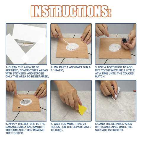 Porcelain Repair Kit With Two 50g Tubes, Waterproof Fiberglass Tile And Tub Repair Kit instructions showing epoxy mixing and application.