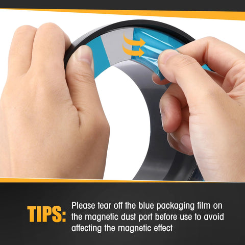 Close-up of hands removing blue protective film from a 4-inch magnetic dust port, part of a starter dust-collection kit.
