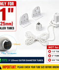 All In One 1 Inch Roller Blind Repair Kit For 25mm Tubes With Brackets Clutch Chain End Plug Easy Fix For Common Roller Shade Problems Fits Only 1 Inch Inner Diameter Tubes Durable Replacement Parts displayed on white background with size details and tube compatibility chart.