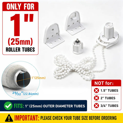 All In One 1 Inch Roller Blind Repair Kit For 25mm Tubes With Brackets Clutch Chain End Plug Easy Fix For Common Roller Shade Problems Fits Only 1 Inch Inner Diameter Tubes Durable Replacement Parts displayed on white background with size details and tube compatibility chart.