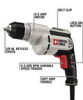 Corded Drill With Variable Speed From Zero To Two Thousand Five Hundred RPM Six Amp Workhorse Motor Three Eighths Inch Keyless Chuck Easy Bit Changes Belt Clip For Secure Carry And Ideal For Drilling And Driving In Wood Metal And Plastic shown with features labeled