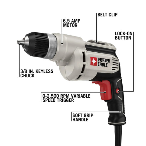 Corded Drill With Variable Speed From Zero To Two Thousand Five Hundred RPM Six Amp Workhorse Motor Three Eighths Inch Keyless Chuck Easy Bit Changes Belt Clip For Secure Carry And Ideal For Drilling And Driving In Wood Metal And Plastic shown with features labeled