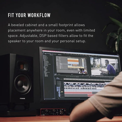 T5V Studio Monitor for Recording, Mixing and Mastering beside computer screen in music production setup